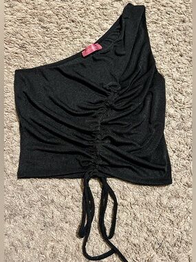 Black One-Shoulder Ruched Tie-Front Crop Top